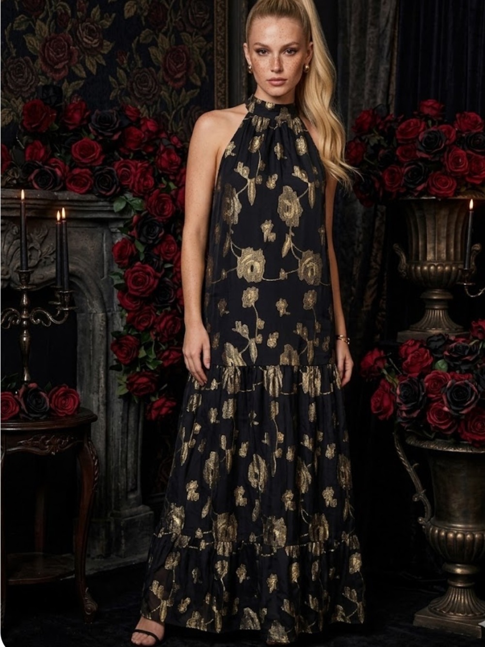 Express Black  Maxi Whimsicore Dress with Gold Metallic Flowers - Size XS